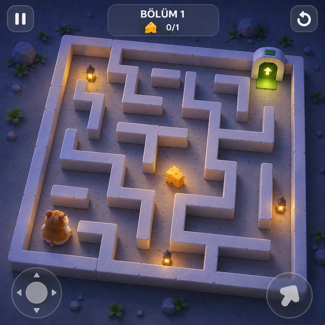 Hamster Maze — a hamster in a lantern-lit stone maze, with cheese to collect and an exit gate
