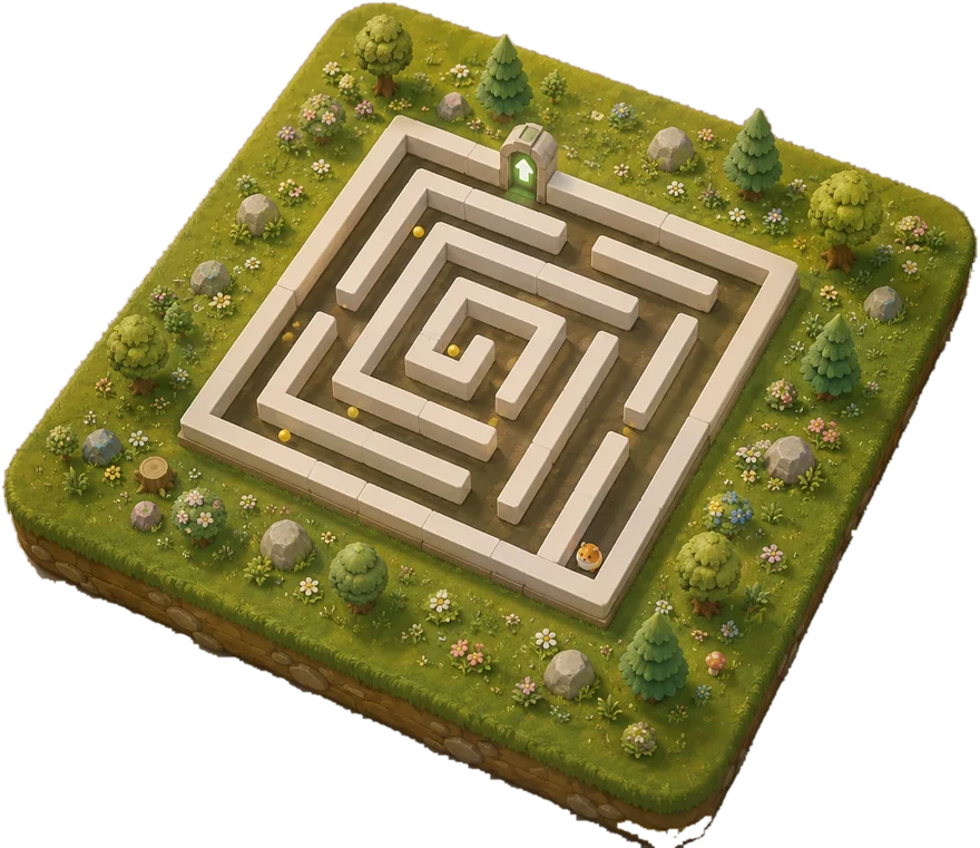 The Hamster Maze board — an isometric maze on a grass island