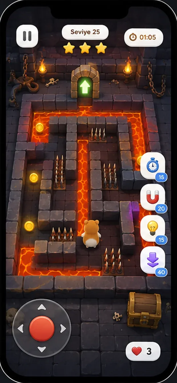 Level 25 — a lava-lit maze with spike traps